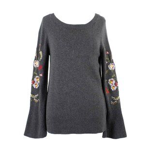 Loft Sz S Charcoal Embroidered Bell Sleeve Cotton Blend Sweater
